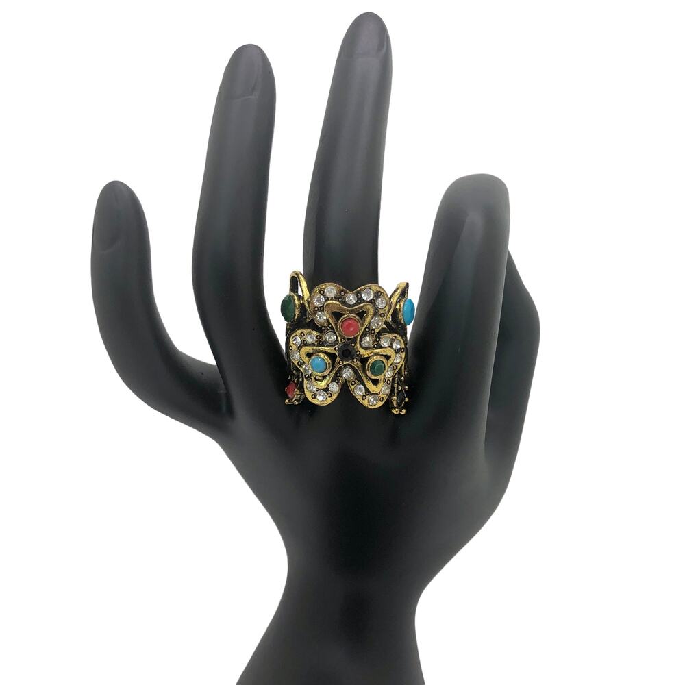 Gold and Multicolor Rhinestone Statement Ring - Size 9 - Picture 2 of 7